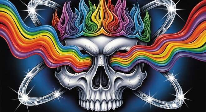 Vivid skull illustration with colorful spectral fire.