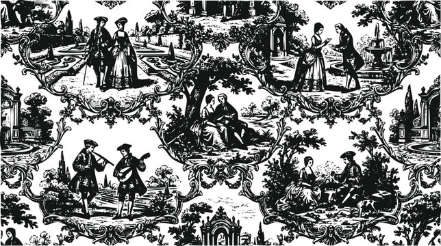 Elegant 18th-century garden scene depicted in a detailed black and white engraving with rococo floral motifs