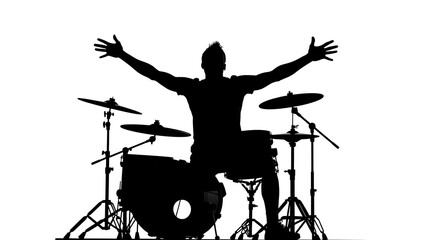 Naklejka premium Silhouette of person celebrating on mountain peak with arms raised.