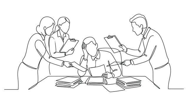 Continuous line drawing of a stressed office worker surrounded by colleagues