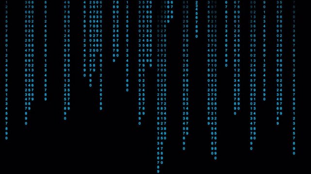 Digital matrix rain code effect with binary numbers flowing down on black background.