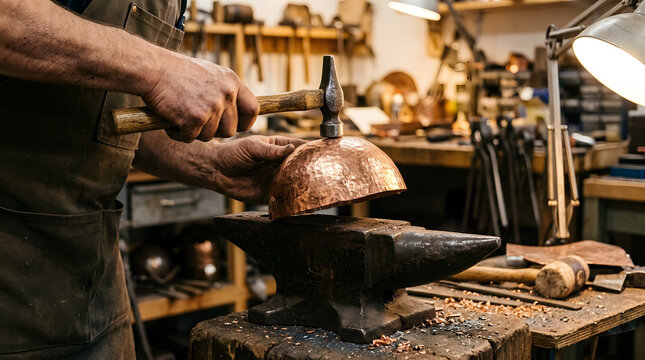 Professional coppersmith artisan shaping a handmade copper bowl with a hammer on an anvil in a traditional metalworking workshop, authentic craftsman manual labor for industrial art.

