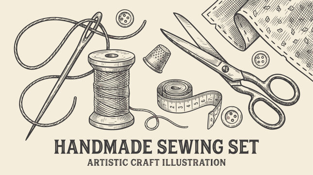 Professional tailor craft equipment with sharp metal sewing needle spool of cotton thread and creative pattern design on decorative handmade textile background for fashion garment production
