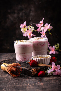 Strawberry matcha latte smoothie cocktail