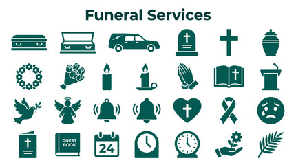 Naklejka premium Funeral Services Icons Set Vector Illustration Grief Mourning And Remembrance Symbols