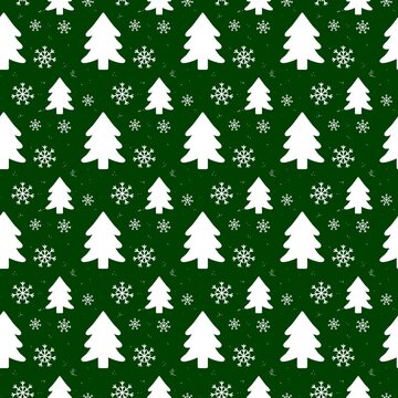 Green Christmas Tree Seamless Pattern with White Snowflakes Holiday Background