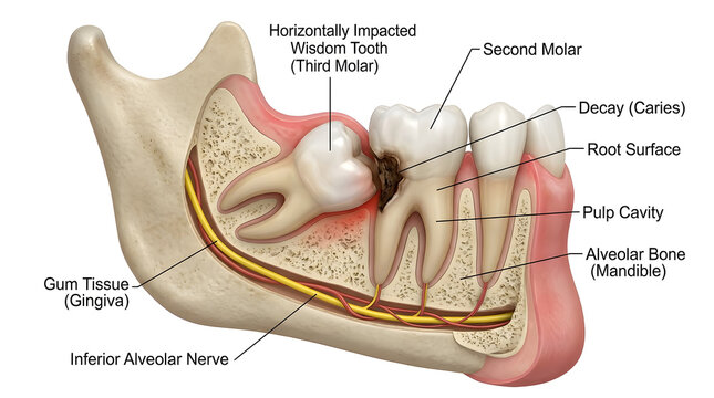Medical illustration of a horizontally impacted wisdom tooth