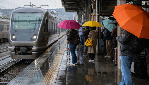 Rainy day at the train station with umbrellas and commuters