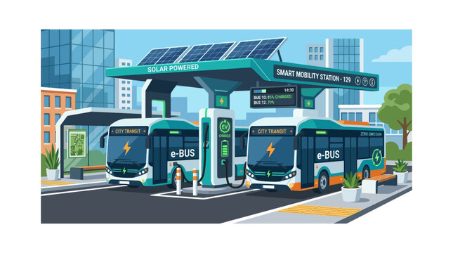 Electric Buses Charging at Solar Powered Smart Mobility Station in City