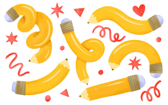 Hand drawn bendy yellow pencils illustration school elements clip art set with red stars for kids education projects back to school banner scrapbooking sticker sheet