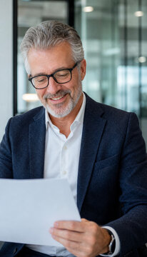 Mature man reading documents while smiling in modern office