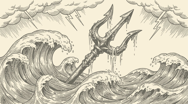 Ancient mythological Poseidon trident rising from tempestuous stormy ocean wave in detailed vintage woodcut engraving illustration representing neptune power and classical greek sea deity art.