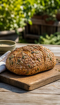 Freshly baked bread with seeds on wooden cutting board