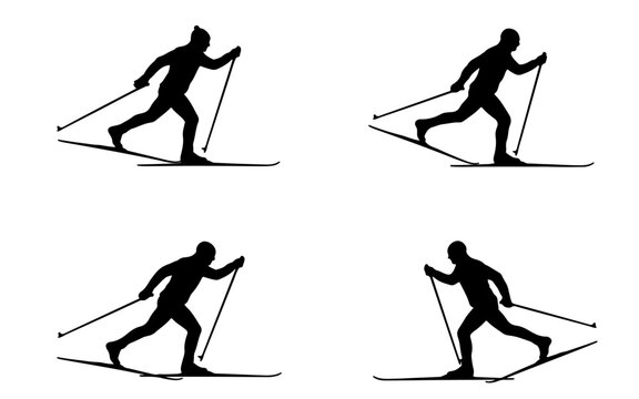 Four Black Silhouettes of Skiers in Different Poses on White Background