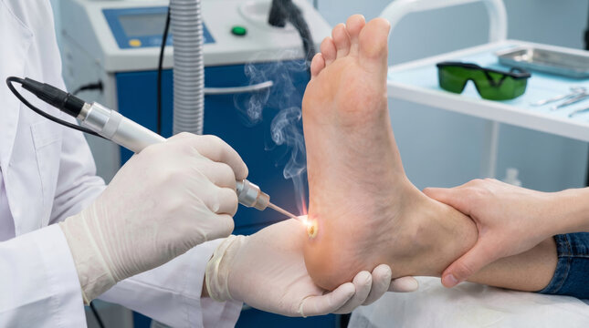 Dermatologist using laser device for wart removal on human foot. Medical procedure for skin growth treatment in clinic. Professional skincare technology for mole and lesion extraction.