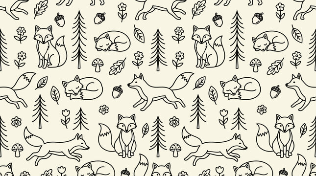 Minimalist Vector Illustration of Cute Fox Forest Animal Wildlife Pattern Featuring Elegant Line Art Design in Clean Seamless Wallpaper Background