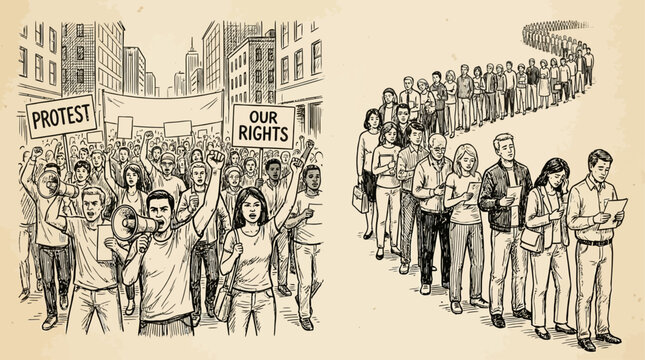 Artistic hand drawn sketch illustration set of diverse protesting crowd holding megaphone and activist standing in line for a social demonstration rally featuring expressive human figure.