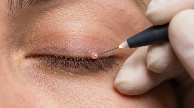 Dermatologist uses laser instrument to remove skin growth from eyelid of woman. Professional medical procedure for mole and wart removal. Innovative aesthetic skin treatment therapy.