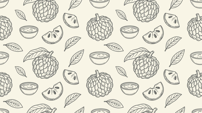 Minimalist vector line art of a fresh sugar apple or custard apple fruit, clean monoline design, modern geometric style, isolated on white background, botanical illustration for contemporary decor