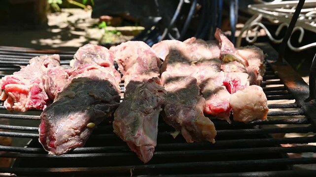 Parrillero acomodando carne vacuna sobre parrilla durante preparaci&oacute;n de asado argentino tradicional