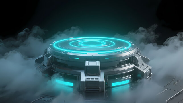 Glowing blue futuristic platform in dark void