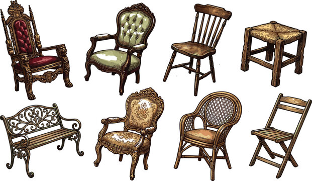 Vintage furniture chair collection featuring gothic throne royal armchair rustic stool wicker seat and garden bench vector set