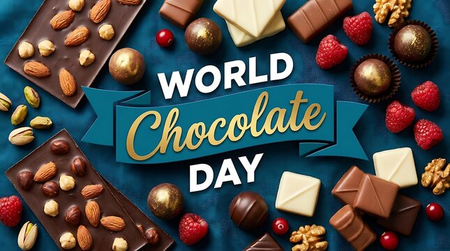 Assorted chocolates and nuts on blue background for World Chocolate Day