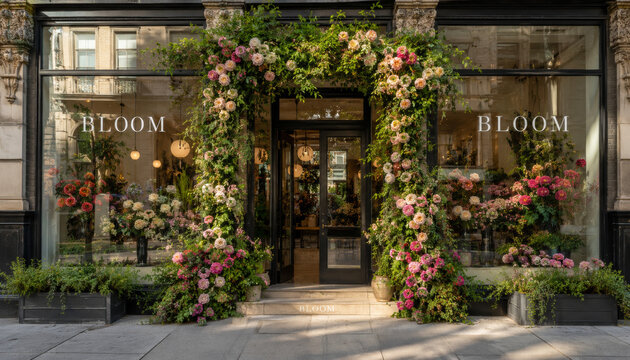Beautiful flower shop entrance adorned with vibrant blooms and greenery