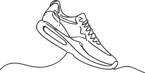 Obraz premium Minimal one line sneaker illustration with continuous line drawing style. Modern athletic footwear outline isolated on white background for branding, apparel, logos, posters and printable designs.