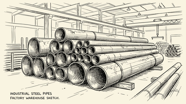 Fourteen Heavy Industrial Steel Pipes Neatly Stacked Inside a Large Manufacturing Factory Warehouse Storage Facility Artistic Hand Drawn Sketch Illustration for Engineering and Construction