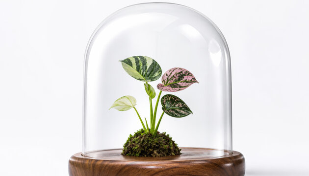 Indoor plant in glass dome on wooden base with vibrant leaves