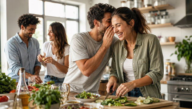 Friends enjoying cooking together and sharing secrets in kitchen