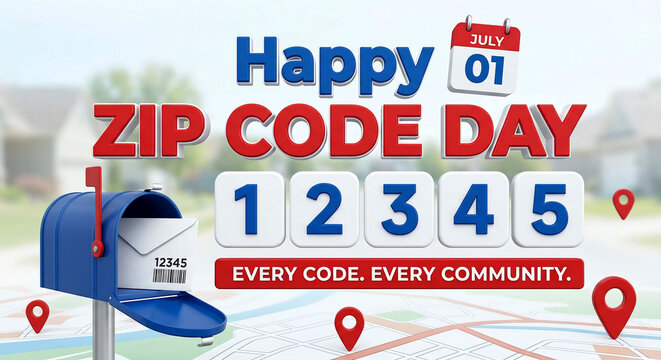 Happy Zip Code Day celebration with mailbox and postal map concept

