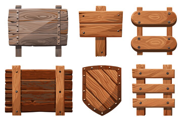 Fototapeta premium A collection of cartoon-style medieval wooden assets, featuring a defensive timber shield, various blank signposts, and rustic ladder-like fence segments for video game interfaces.