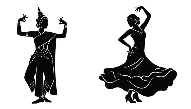 Two elegant black silhouette icons depicting traditional dance styles featuring a Thai classical dancer and a Spanish flamenco dancer in motion.
