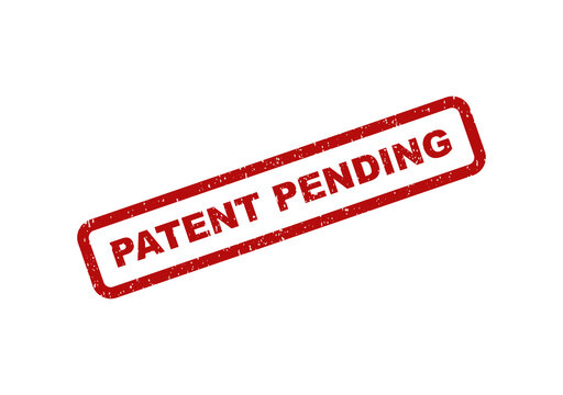 Red patent pending rubber stamp icon with a grunge texture effect