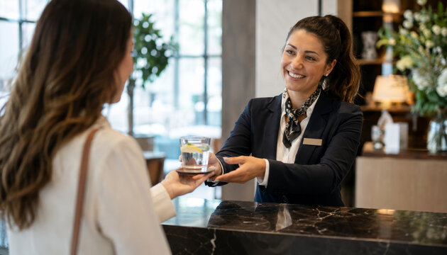 Hotel receptionist serving a guest with a refreshing drink