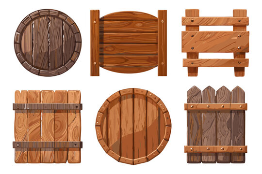 A selection of game-ready wooden asset graphics featuring circular barrel tops, square boards, and textured fence structures.