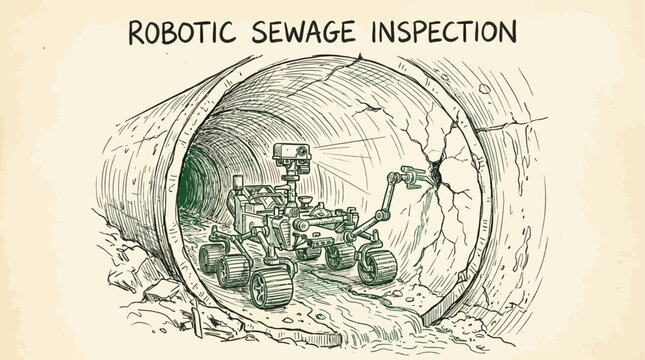 Detailed artistic illustration of model eleven autonomous robotic rover conducting an internal inspection of a sewage drainage pipe presented in a vintage hand-drawn sketch style.