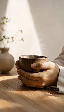 Warm cup of steaming beverage held in cozy hands
