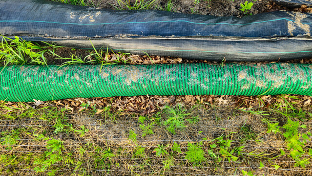 erosion control filter socks and sediment barriers placed on ground for stormwater runoff management