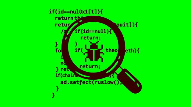 black concept icon animation of a magnifying glass searching a bug in code with a flashing red warning light on a green screen chroma key background
