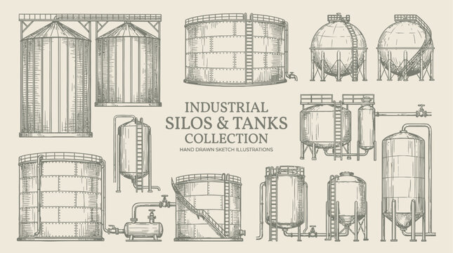 Industrial storage silo collection featuring grain elevator and tank sketch illustration set drawn by hand for manufacturing and refinery plant designs.
