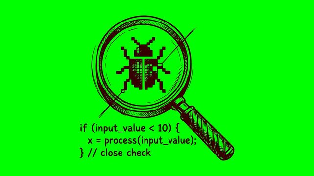 black concept icon animation of a magnifying glass searching a bug in code with a flashing red warning light on a green screen chroma key background
