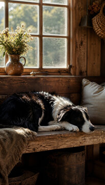 Cozy dog resting by window in rustic interior setting