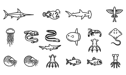 Deep sea fish line icons set with thin outline marine biology creatures shark and jellyfish vector illustration © ABDUL STUDIO