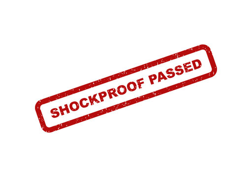 Red rubber stamp impression with the text shockproof passed
