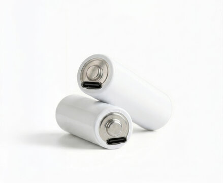 Batterie stilo AA ricaricabili bianche con porta USB-C su sfondo bianco, concetto di energia pulita