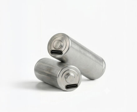 Batterie stilo AA ricaricabili color argento metallizzato con ingresso USB-C e cavo di ricarica, design moderno ed ecologico.