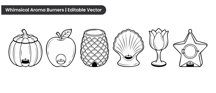 Aroma burner vector icon set featuring line art pumpkin apple pineapple shell tulip and star candle holders for creative media layout home craft coloring page and relaxing wellness lifestyle decor.
